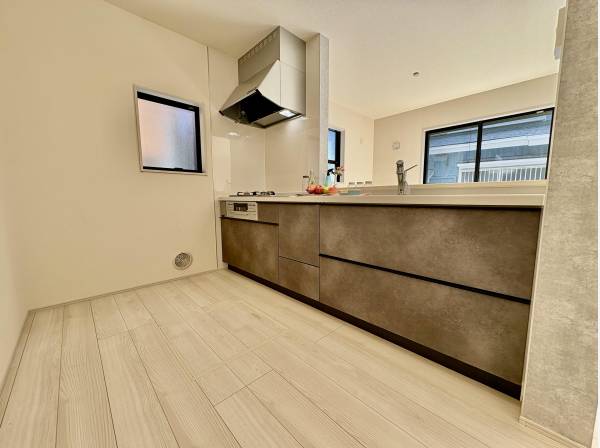 キッチンの後ろのスペースが広いので、様々な棚が置けますね！