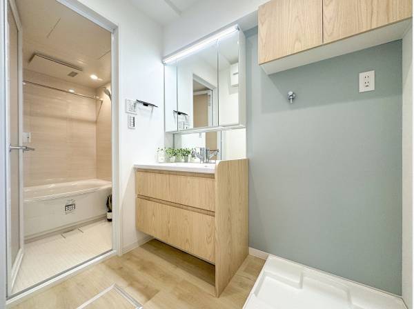 ウッド×ライトグリーンの爽やかな水周り