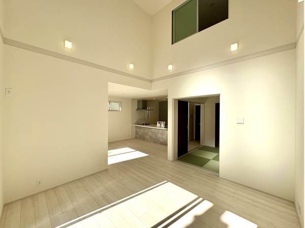 吹き抜けリビングで日当たり良好です。