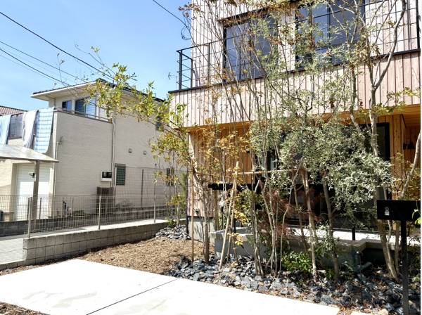 屋久島地杉の外観に、植栽の緑が彩りを添えています。