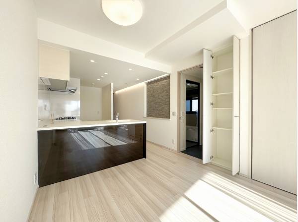 ホワイトの空間にメリハリを与えるスタイリッシュなキッチン