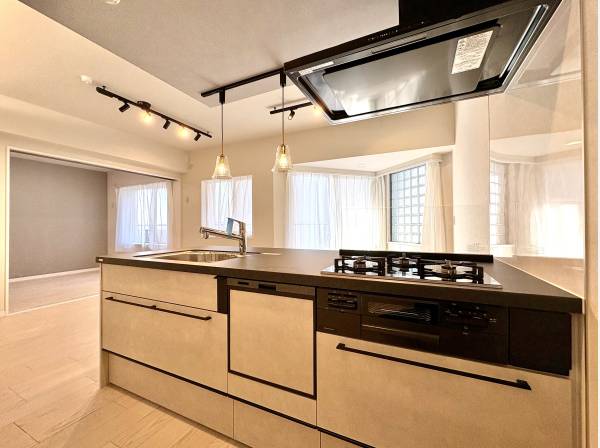 対面式システムキッチンはオープンで開放的です。食洗機と浄水器付きです。