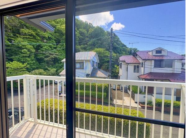 2階の窓からは濃い緑と空の青のコントラスト。