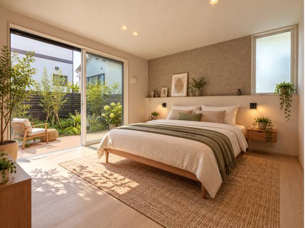 主寝室は広く、明るいお部屋になっております。＊家具はAIイメージ