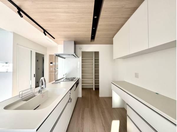 キッチン周りはカップボードを完備しており収納充実