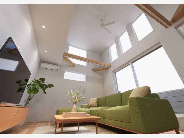 吹き抜けリビングのイメージパースです。