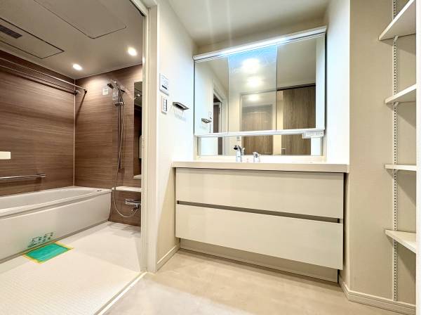 ワイドタイプの洗面化粧台、収納を備えたパウダールーム