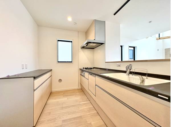 対面式システムキッチンは食洗機と浄水器とカップボード付き