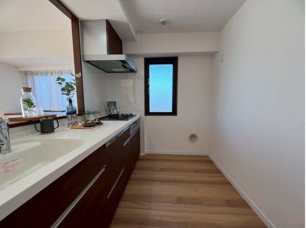 広々としたシステムキッチン、背面にはカップボードを置いても◎