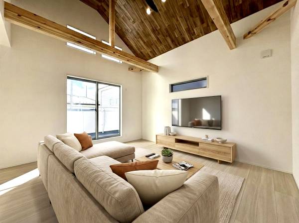 木目の天井が落ち着きのある空間を演出。家具等はCGで作成したイメージで